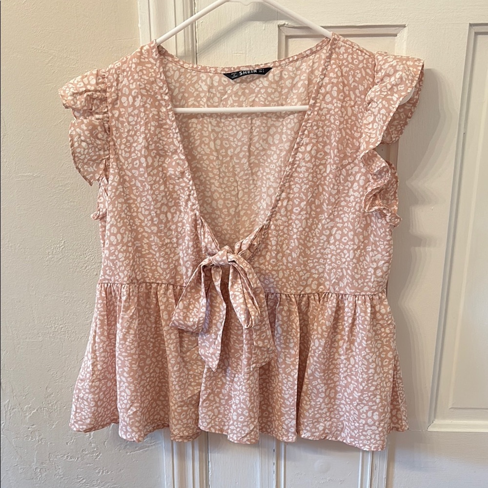SHEIN Light Pink Patterned Ruffle Blouse